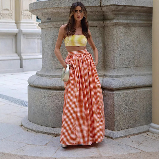 Damen Set aus Crop-Top und Maxirock mit elegantem Rüschendesign R&B