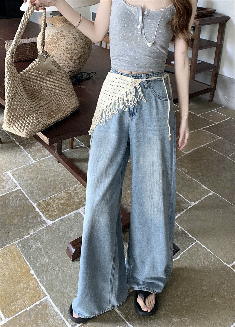 Damen Weite Jeanshose mit fransigem Gürtel R&B