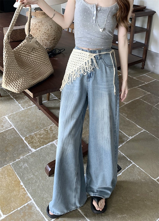 Damen Weite Jeanshose mit fransigem Gürtel R&B