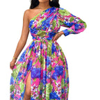 Damen Blumen Ein-Schulter Maxi Kleid