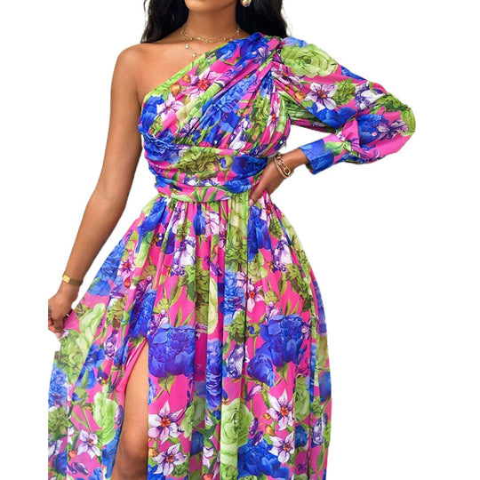 Damen Blumen Ein-Schulter Maxi Kleid R&B