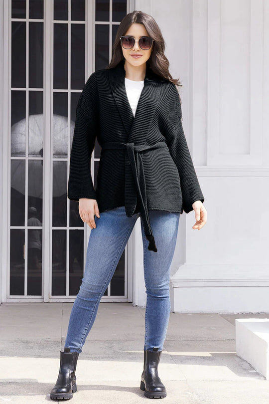 Damen eleganter Strickcardigan mit Gürtel und weichem Material R&B