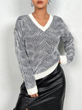 Damen Strickpullover mit Wellenmuster und V-Ausschnitt R&B