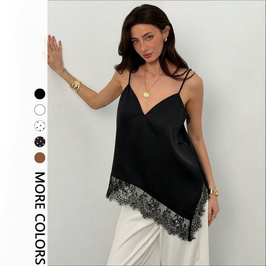 Damen nan seidig-glänzendes Spaghettiträger-Cami mit asymmetrischer Spitzenkante R&B