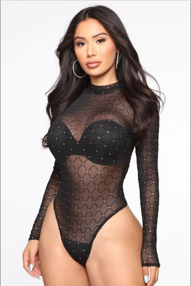 Damen Langärmeliger Bodysuit mit funkelndem Netzdesign R&B