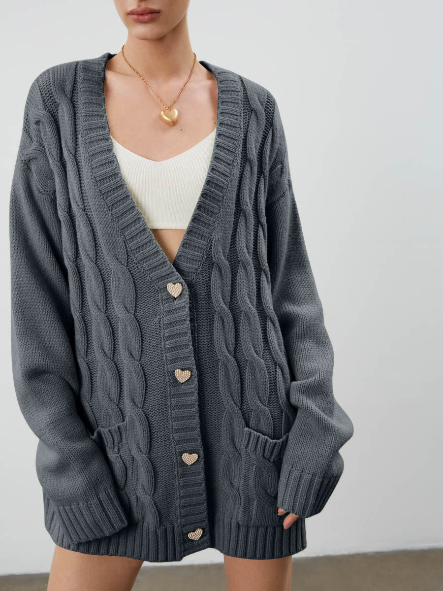 Damen Grobstrick-Cardigan mit herzförmigen Knöpfen und seitlichen Taschen R&B
