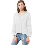 Damen luftige Bluse mit V-Ausschnitt und Spitzenbesatz