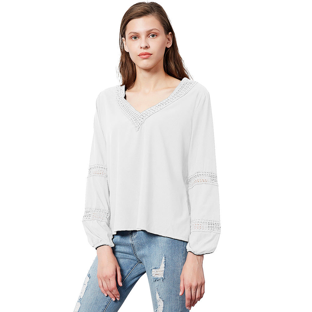 Damen luftige Bluse mit V-Ausschnitt und Spitzenbesatz