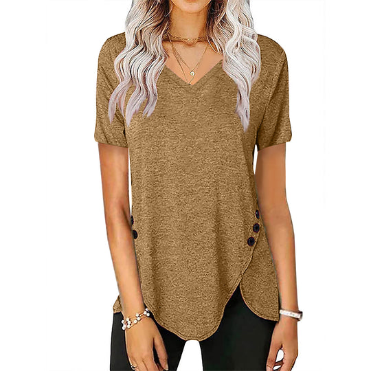 Damen lässiges V-Ausschnitt T-Shirt mit asymmetrischem Saum und dekorativen Knopfdetails R&B