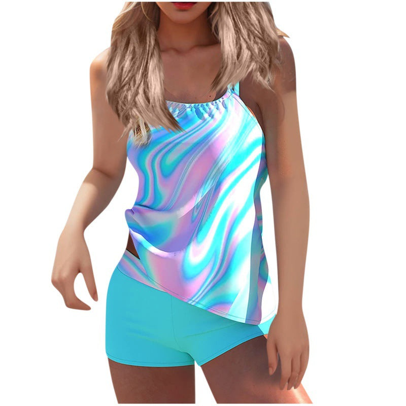 Damen Tankini-Set mit modischem Wasserfarben-Muster und integrierten Shorts R&B