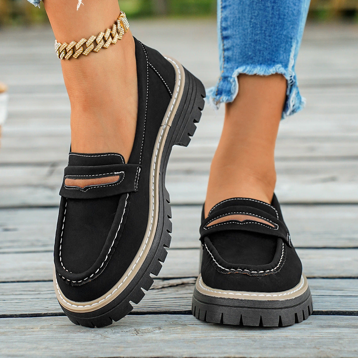 Damen Chunky Loafers mit rutschfester Sohle und dekorativem Riemen