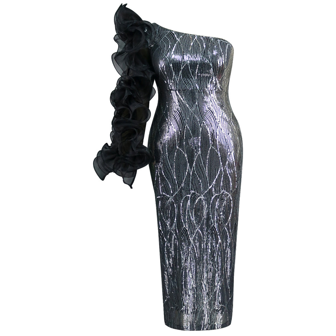 Damen Glamouröses Abendkleid mit schulterfreiem Design und voluminösen Rüschenärmel R&B