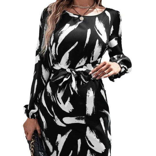 Damen elegantes Midikleid mit Bindegürtel und ballonförmigen Ärmeln R&B