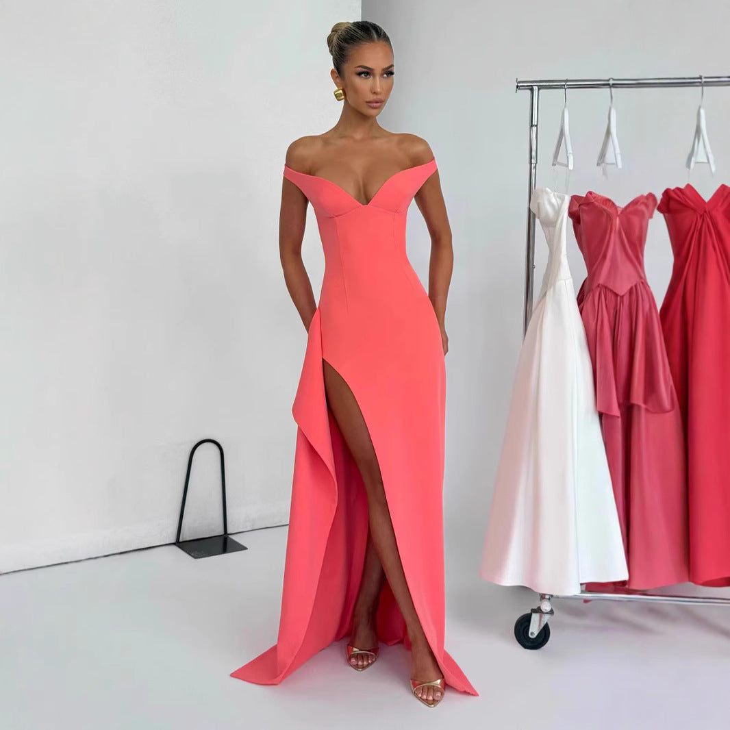 Damen Elegantes Maxikleid mit schulterfreiem Design und hohem Schlitz R&B