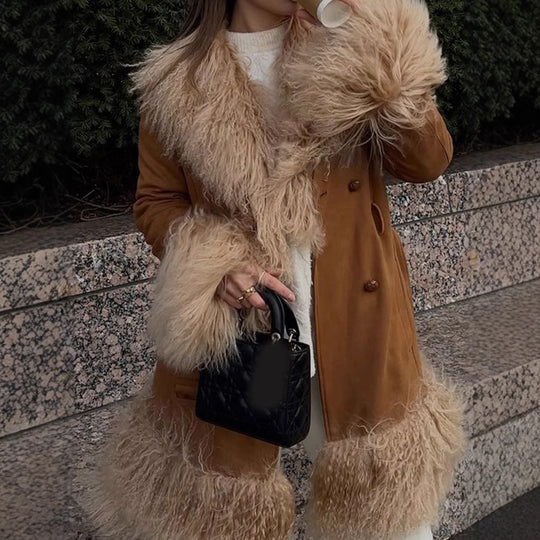 Damen Elegante Teddyjacke mit Taillengürtel und voluminösem Kragen R&B