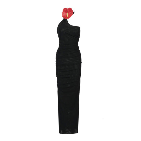 Damen elegantes drapiertes Abendkleid mit asymmetrischem Schnitt und hohem Schlitz R&B