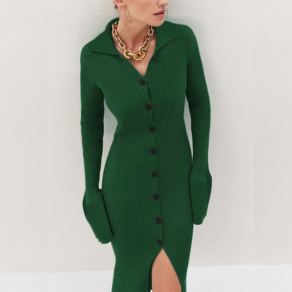 Damen Strickkleid mit modischem Knopfverschluss und elegantem Schlitz