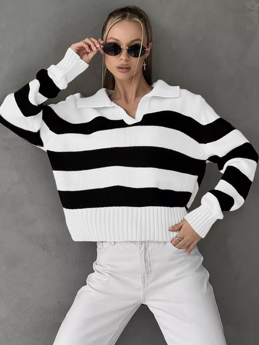 Damen Grob gestrickter Pullover mit breitem Kragen und Blockstreifendesign R&B