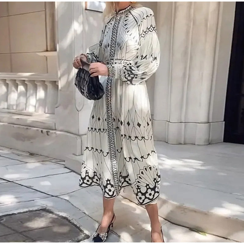 Damen Elegantes Hemdkleid mit grafischem Muster und schwingenden Ärmeln R&B
