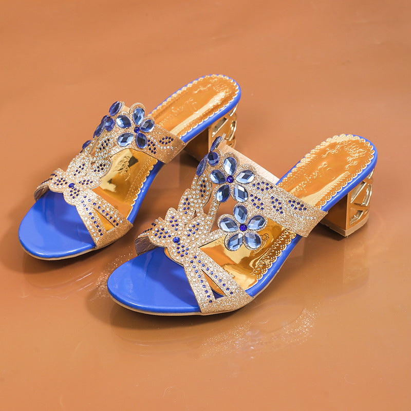 Damen Offene Mules mit verzierenden Blumen und komfortablem Blockabsatz R&B