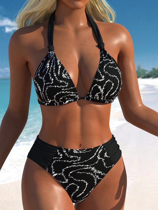 Damen Bikini-Set mit modernen Polka-Dots und hoch taillierter Bikini-Hose R&B