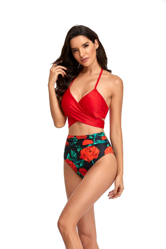 Damen Hochgeschnittener Bikini mit Wickeloberteil und floralen Mustern R&B
