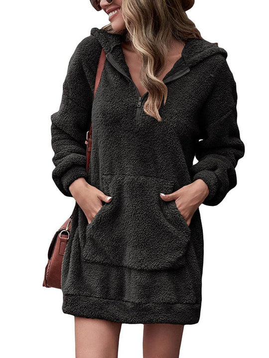 Damen Kuscheliger Hoodie-Kleid mit praktischen Taschen und halben Reißverschluss R&B