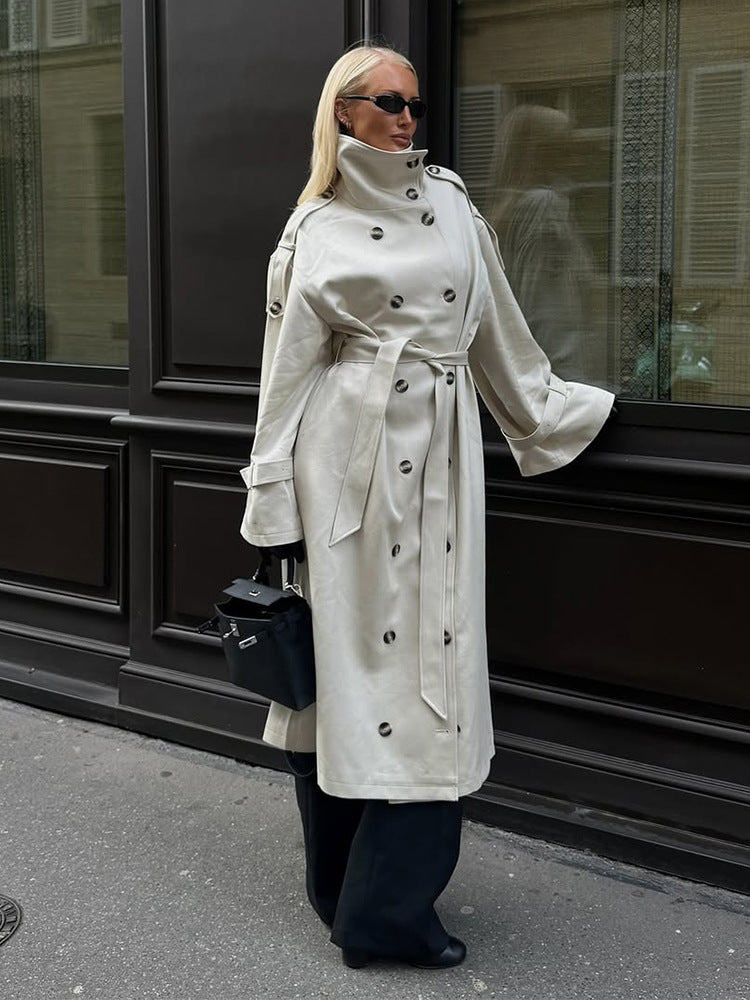 Damen eleganter Mantel mit hohem Kragen und taillierbarem Gürtel R&B