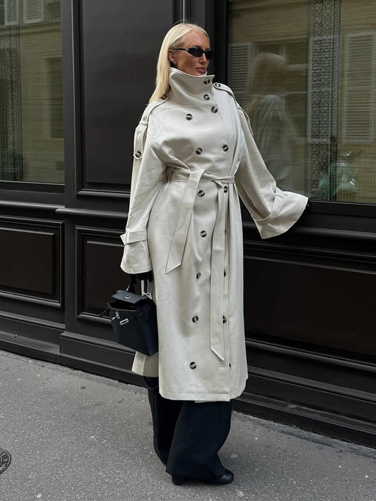 Damen eleganter Mantel mit hohem Kragen und taillierbarem Gürtel R&B