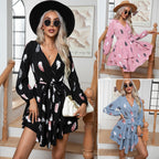Damen Wickelkleid mit voluminösen Ärmeln und floralem Print R&B