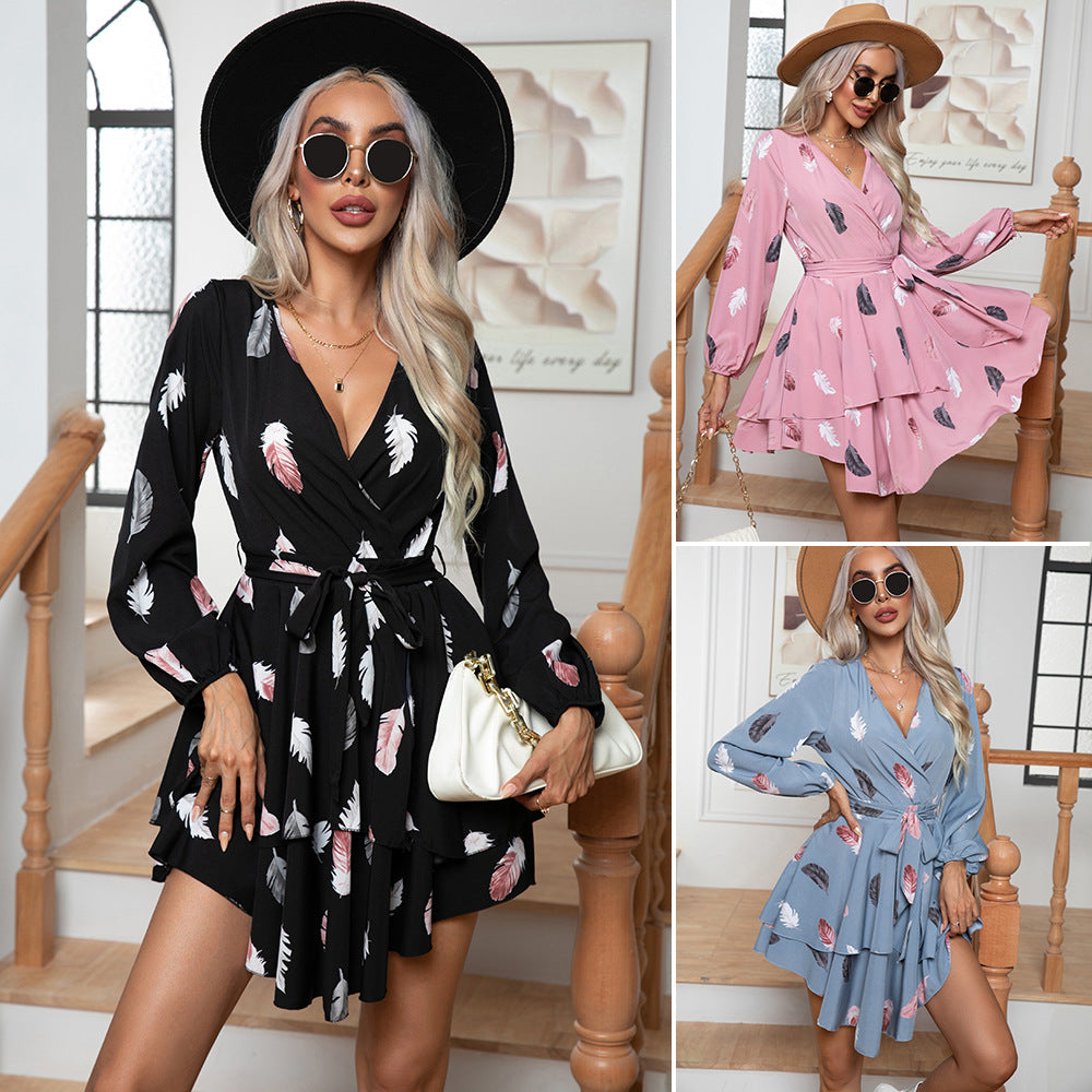 Damen Wickelkleid mit voluminösen Ärmeln und floralem Print R&B