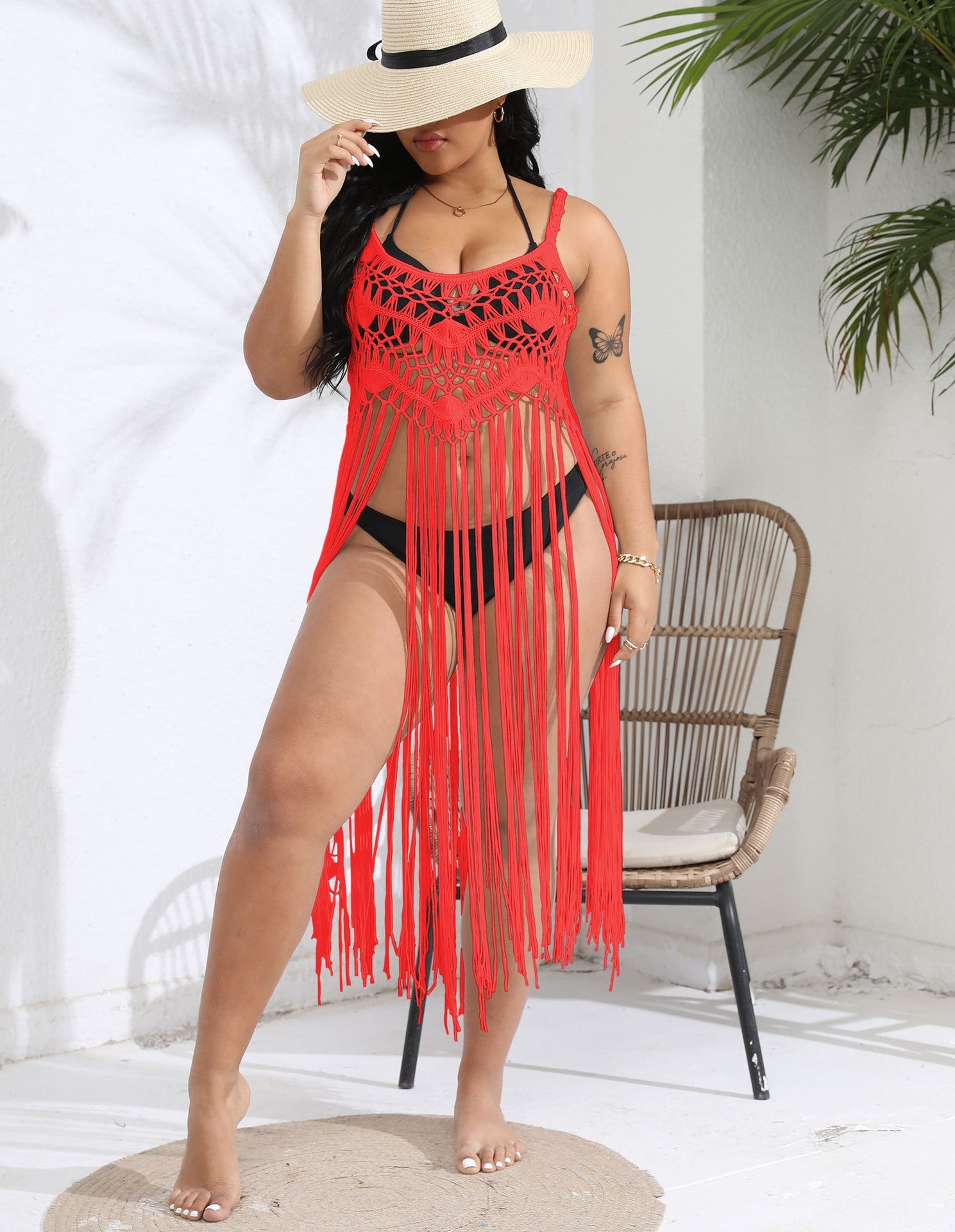 Damen gehäkelter Strandüberwurf mit fransenverziertem Design R&B