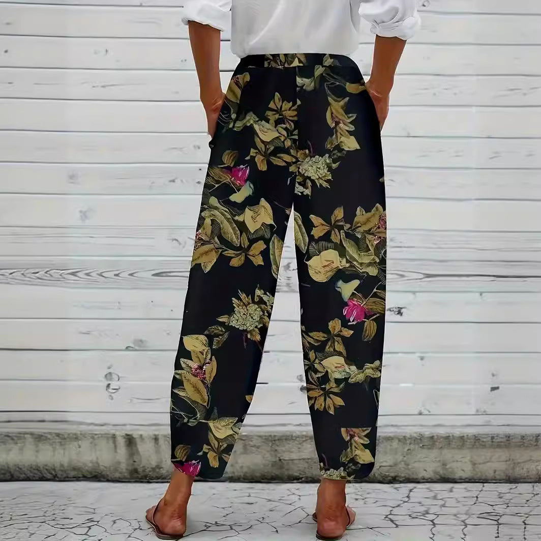 Damen lässige weite Stoffhose mit floralem Muster und elastischem Bund R&B