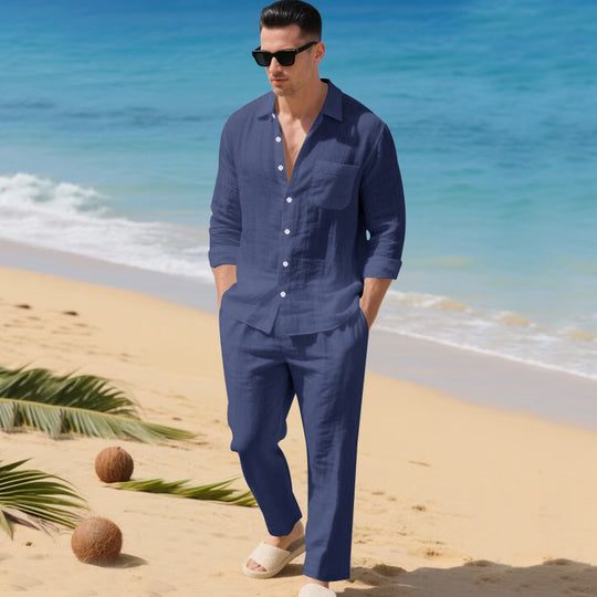 Herren leichtes Leinen-Outfit mit stilvollem Hemd und eleganter Hose R&B