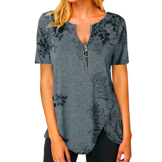 Damen T-Shirt mit halbgeschlossenem Reißverschluss und floralem Muster R&B