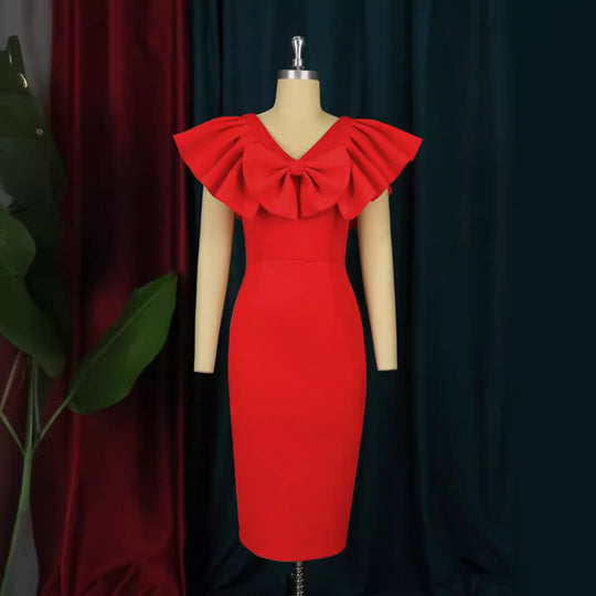 Damen Etuikleid mit voluminösen Falten und Dekorativem Schleifen-Detail R&B