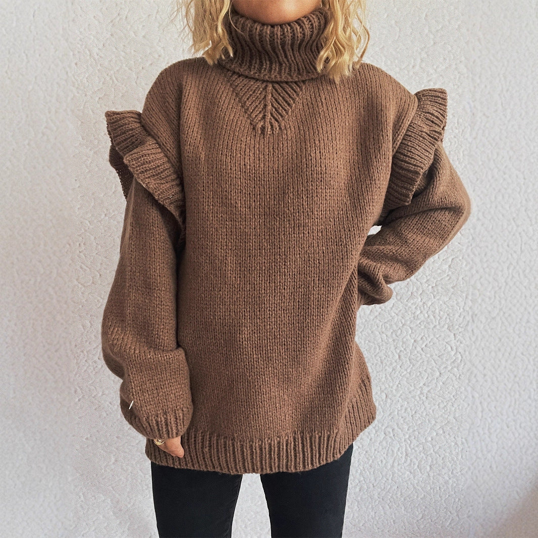 Damen kuscheliger Strickpullover mit Rüschenärmeln und hohem Kragen R&B