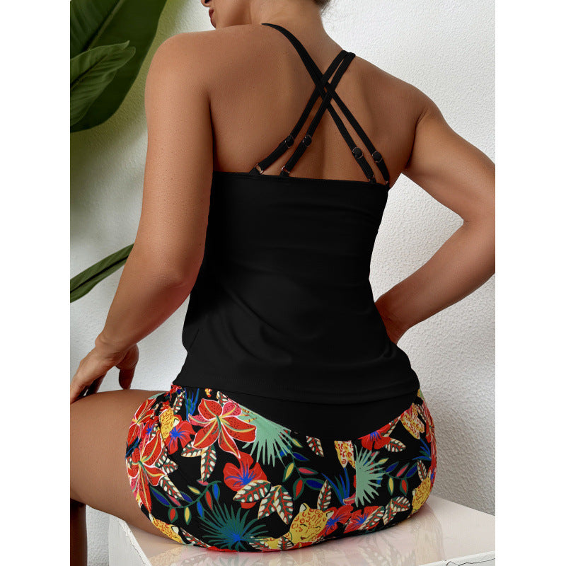 Damen Sportliches Badeanzug-Set mit Cross-Back-Design und Blumenmuster R&B