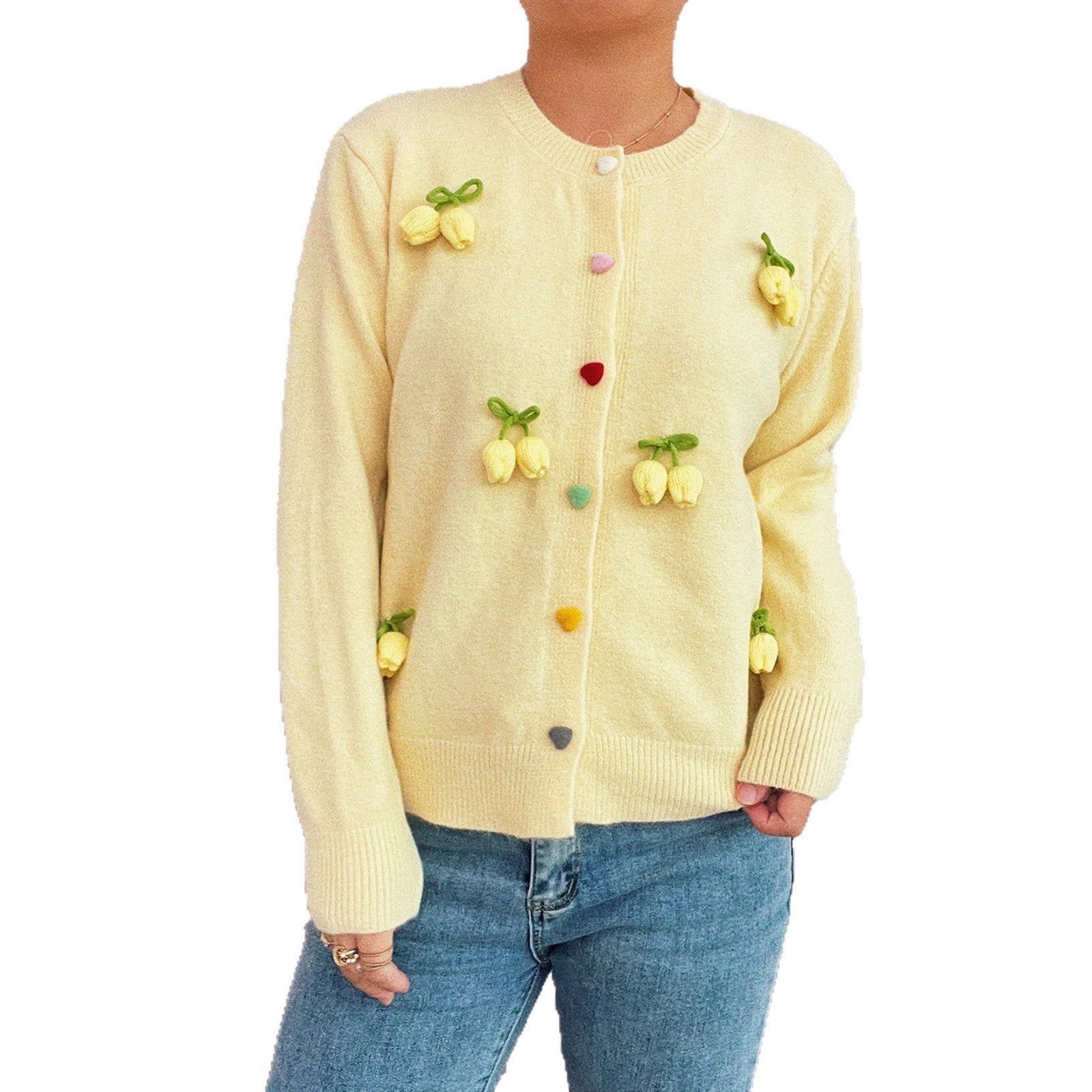 Damen Strickjacke mit fröhlichen Blumenapplikationen R&B