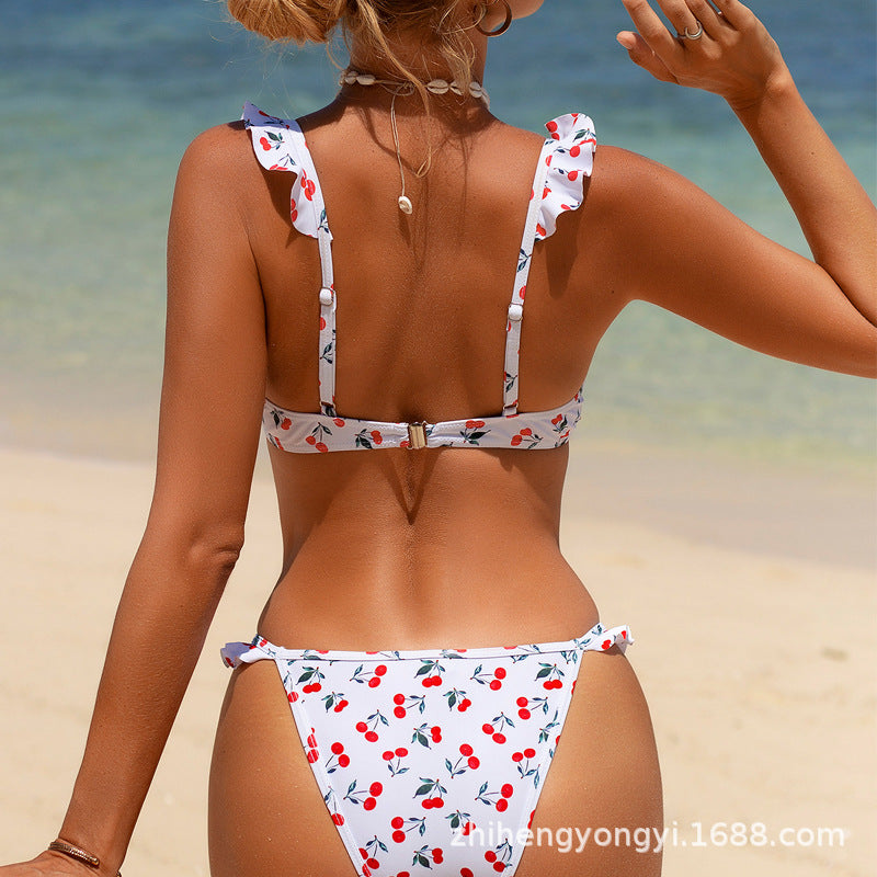 Damen Bikini mit verspieltem Rüschen- und Kirschmuster R&B