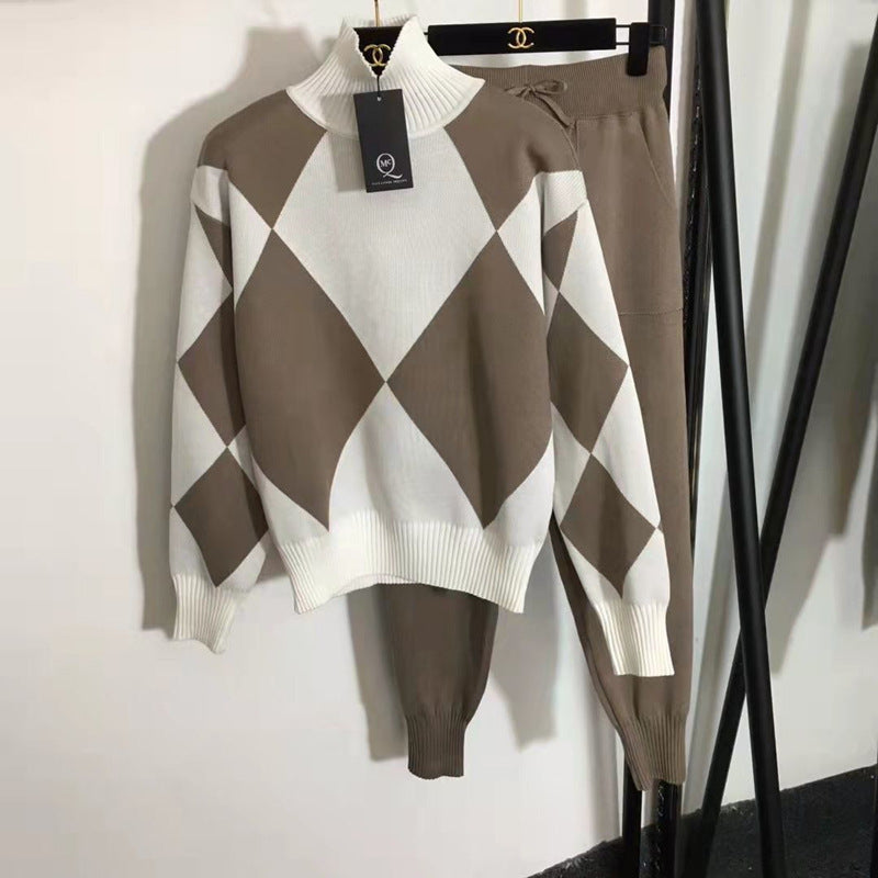 Damen stylisches Freizeitstrickset mit hohem Kragen R&B