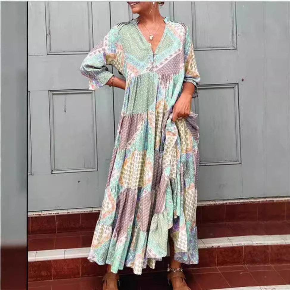 Damen Maxikleid mit einzigartigem Patchwork-Design und seitlichen Taschen Heidi-Mode