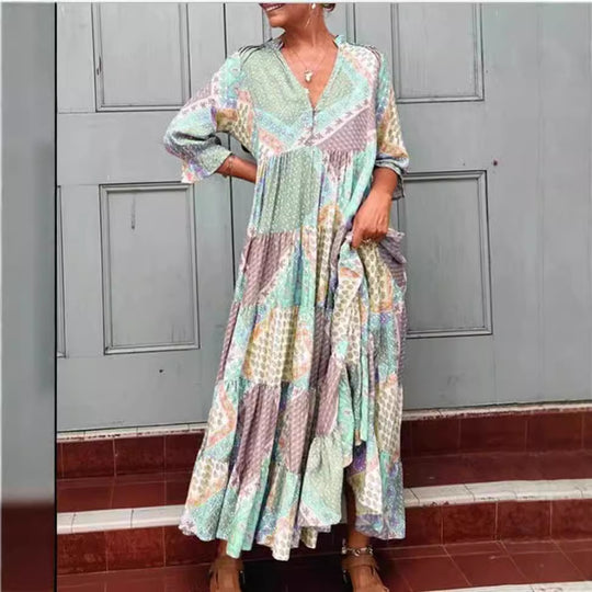 Damen Maxikleid mit einzigartigem Patchwork-Design und seitlichen Taschen Heidi-Mode