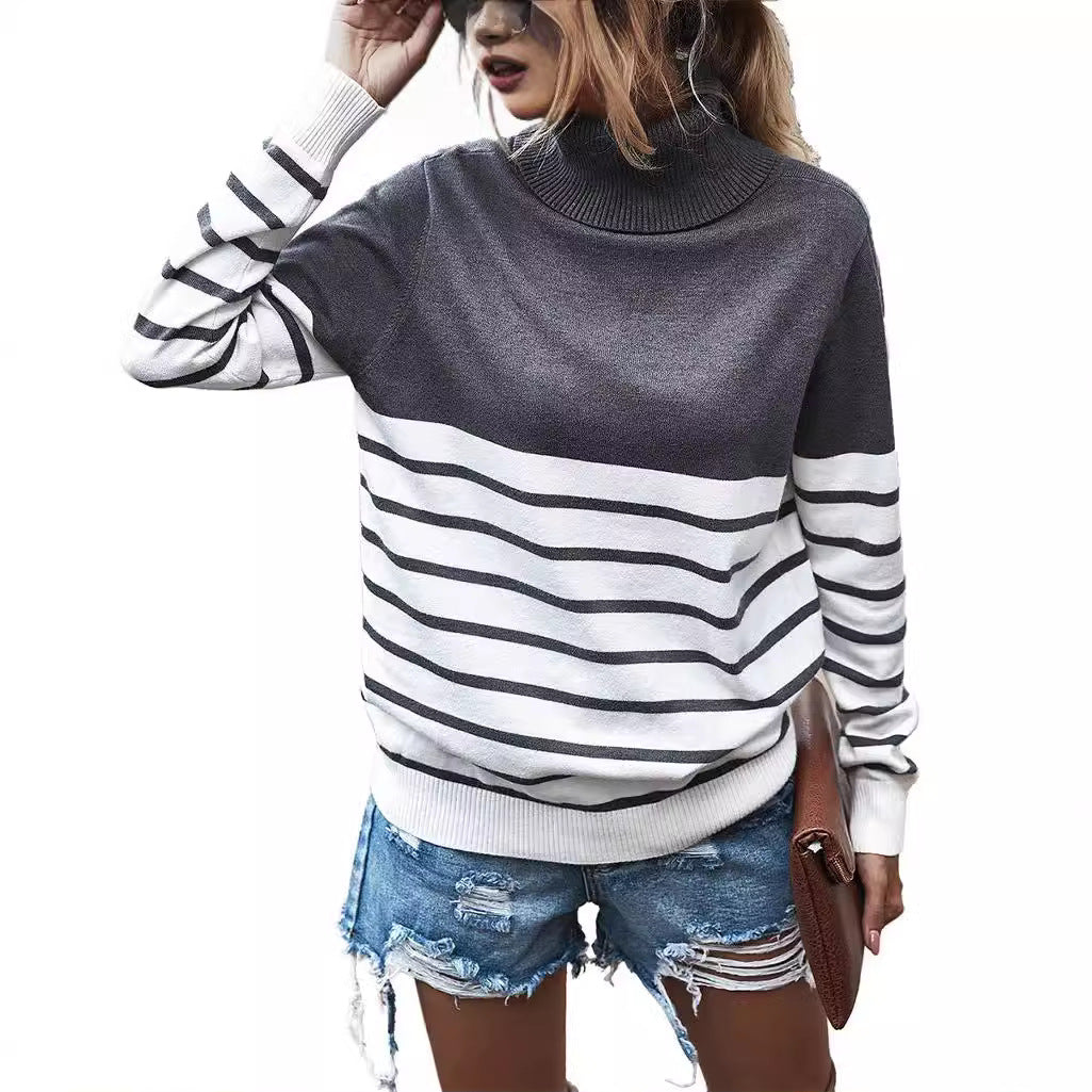 Damen Strickpullover mit einem modernen Hochkragen und breitem Streifenmuster R&B