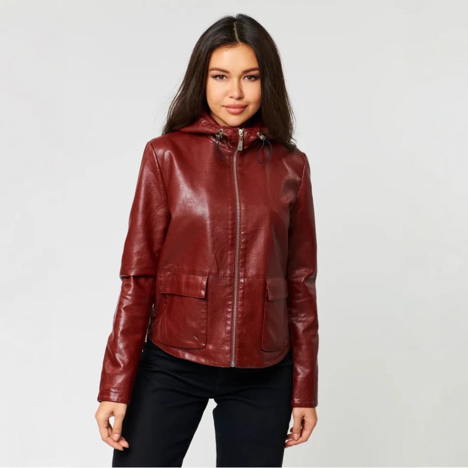 Damen Kunstlederjacke mit angeschnittenem Hoodie und praktischen Taschen R&B