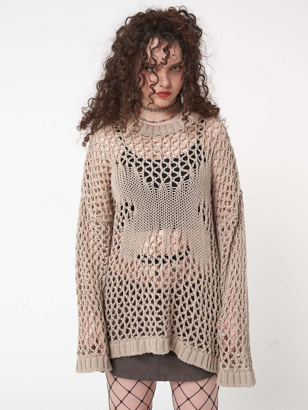 Damen luftiges Strick-Strandkleid mit transparentem Design und langen Ärmeln R&B
