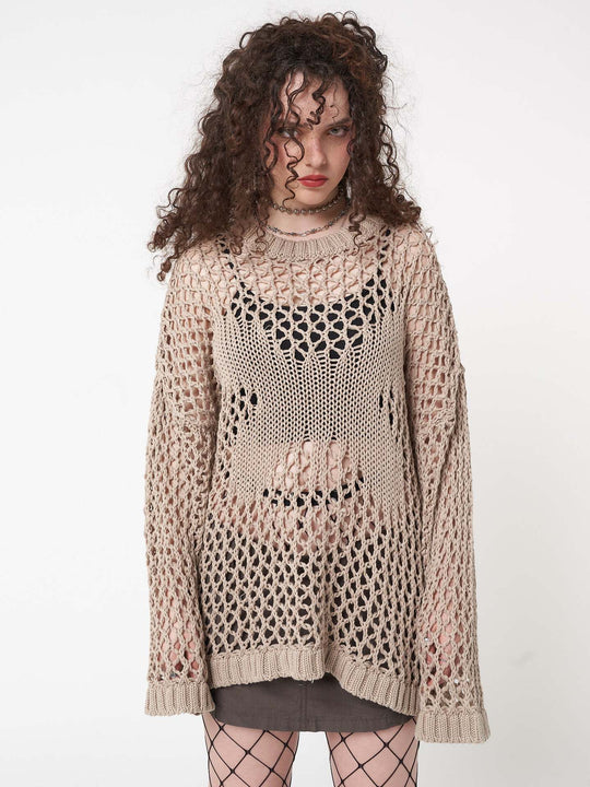 Damen luftiges Strick-Strandkleid mit transparentem Design und langen Ärmeln R&B