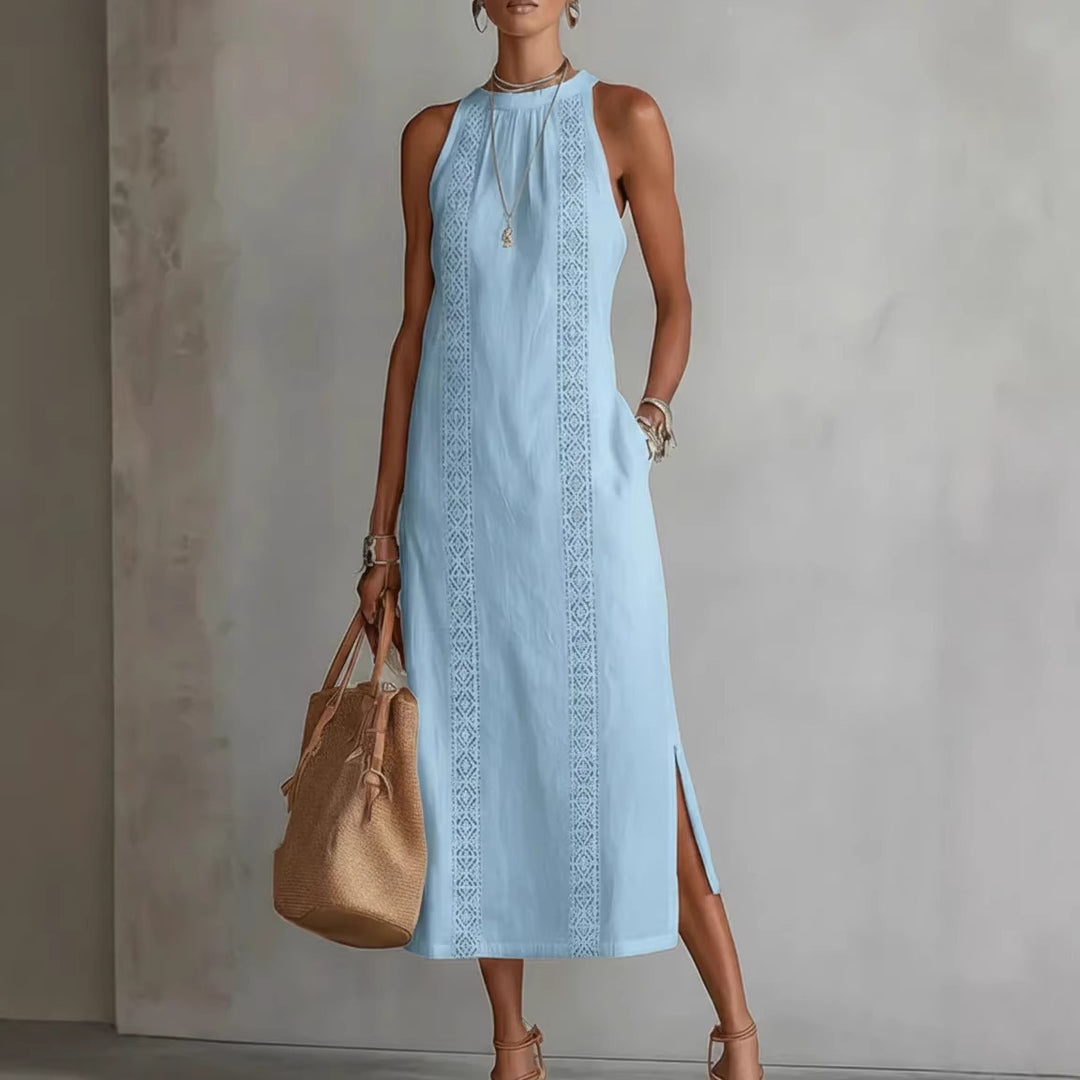 Damen Elegantes Sommer-Maxi-Kleid mit Spitzenapplikation und seitlichem Schlitz Heidi-Mode