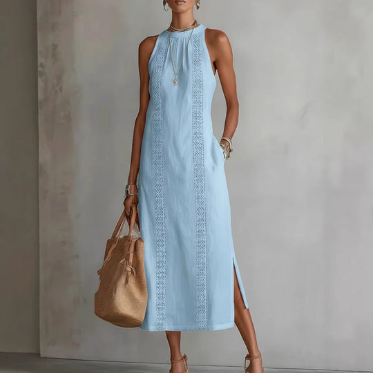 Damen Elegantes Sommer-Maxi-Kleid mit Spitzenapplikation und seitlichem Schlitz Heidi-Mode