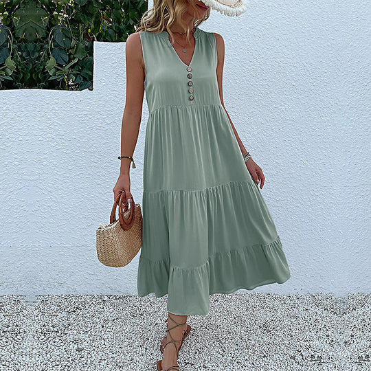 Damen Maxikleid mit Knopfdetail und voluminösem Rock R&B